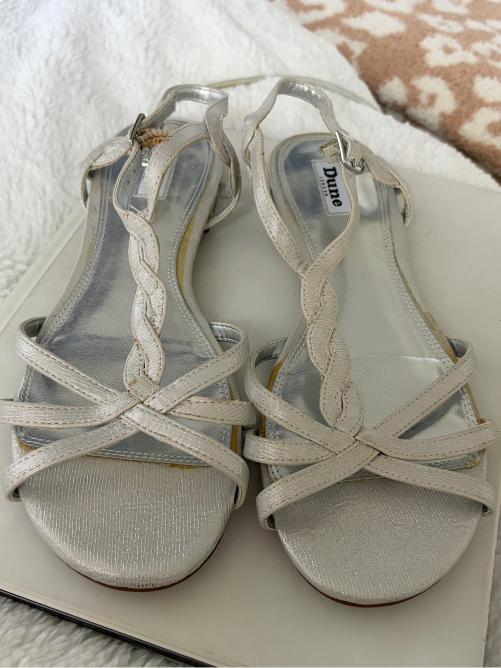 Dune Silver Braided T-Strap Sandals - Women